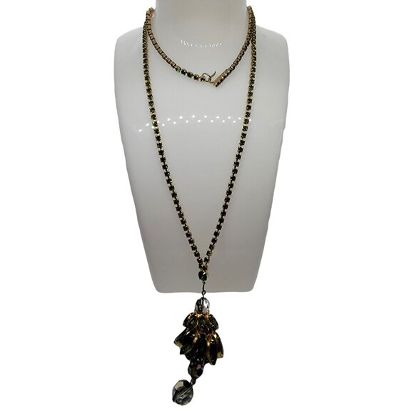 Gold Tone Green Rhinestone Chain Necklace With Rhinestone Pendant – 24” Long - Picture 6 of 6